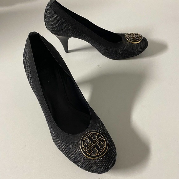 Tory Burch Pump Caroline Tweed Black Gold Round Toe Logo 9 M 3" Heel - Picture 7 of 11